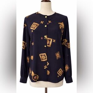 Louis Feraud silk baroque navy top/ blouse w/ gold buttons- M